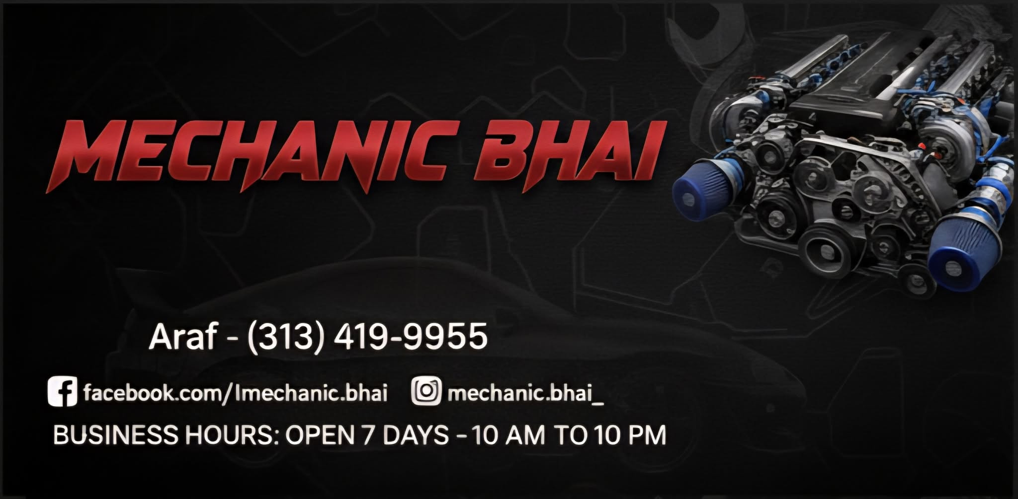 Mechanic Bhai shop branding with turbo engine and contact details