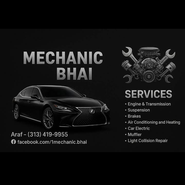 Mechanic Bhai services card featuring engine, brakes, AC, and collision work